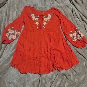 Free People Embroidered Boho Tiered Mini Dress Rust Orange Floral Small